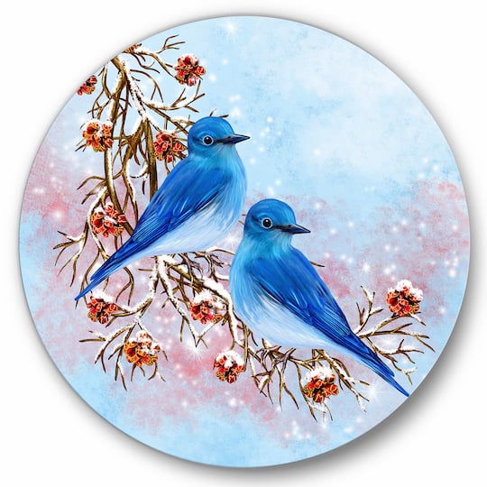 Designart - Two Blue Birds Sitting On A Branch With Berries - Traditional Metal Circle Wall Art